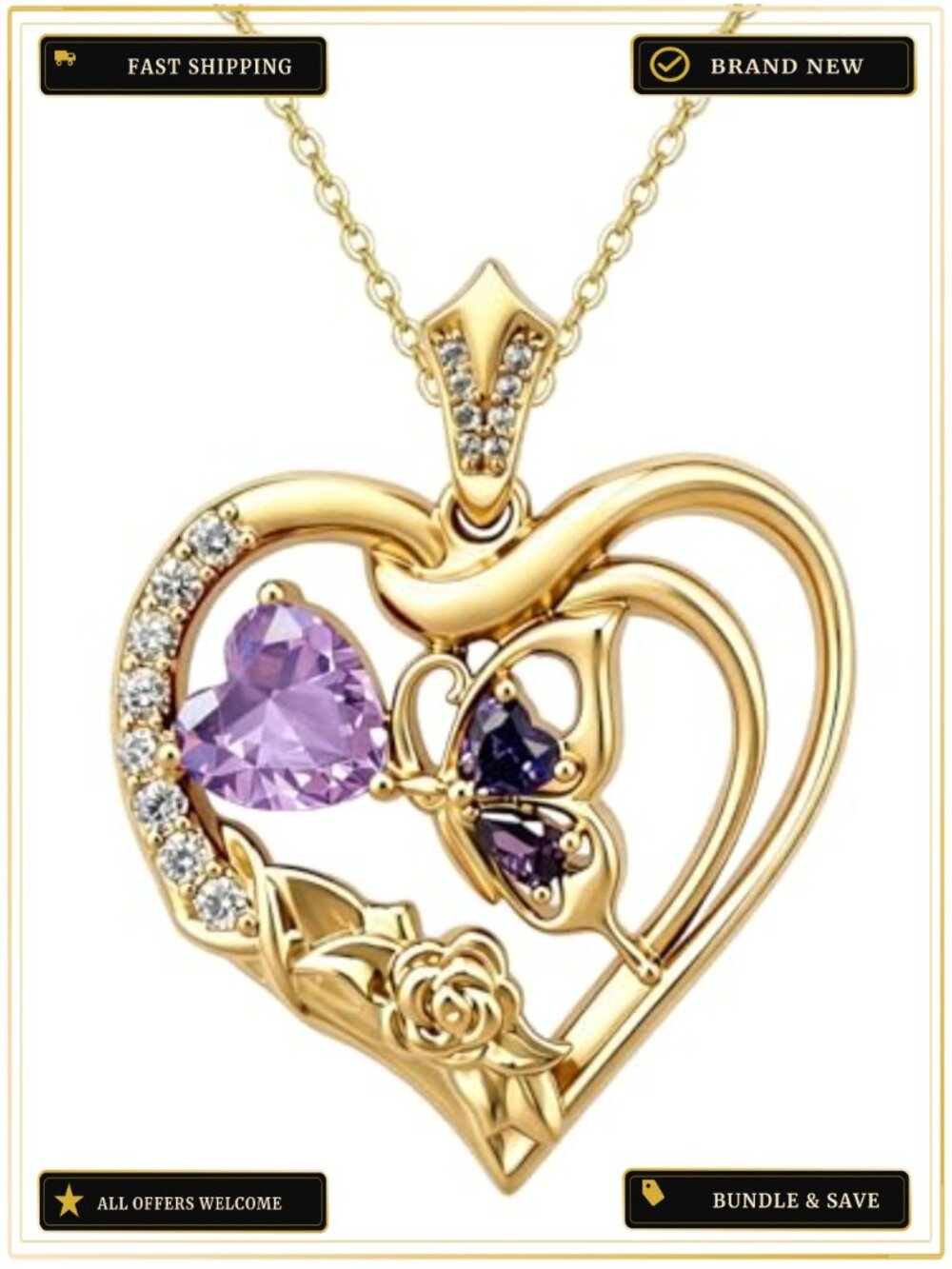 18K Gold Plated Heart Pendant Necklace w/ Butterfly & Purple Crystals